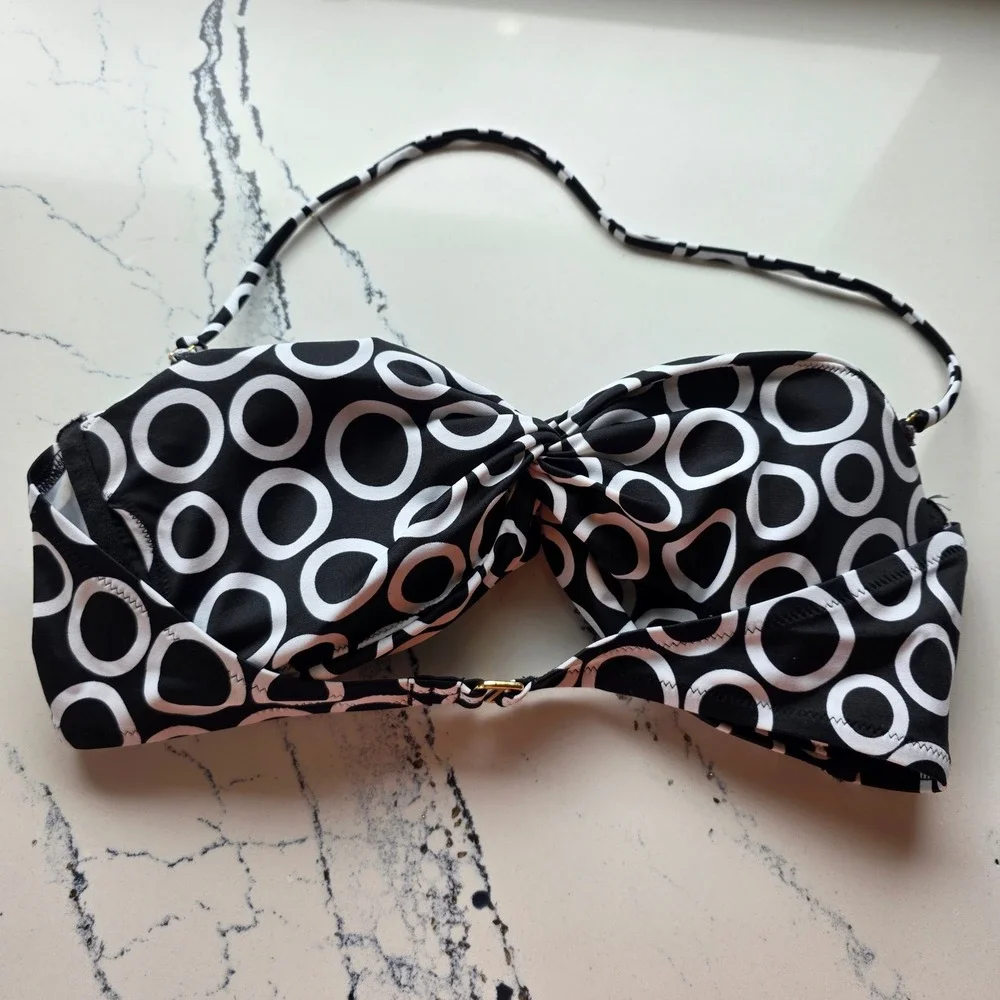Victoria's Secret Women Bikini Top Geometric Circle Bandeau Swimwear Black sz L‎